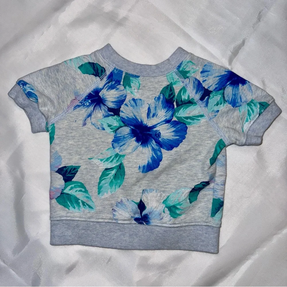Baby Gap 6-12 mos Girl S/S Gray Blue Pink Big Flowers‎ Fleece/Top/Shirt